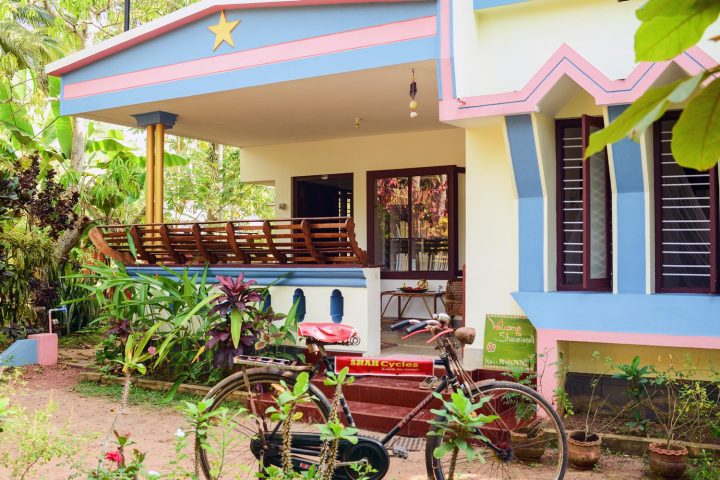 Front view of old style house, yoga books