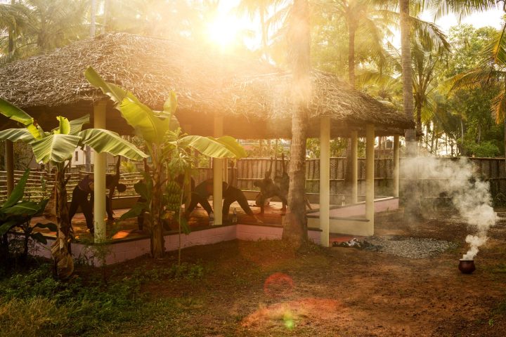 Evening yoga class, in yoga hall, relaxing for body and mind